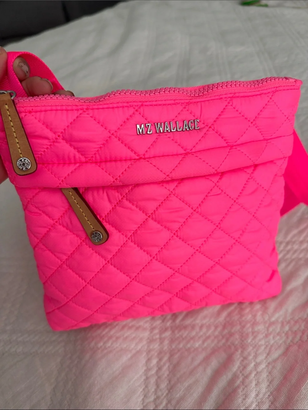 MZ Wallace Flat Metro Quilted Crossbody Bag Neon Hot Pink Italian Leather Accent